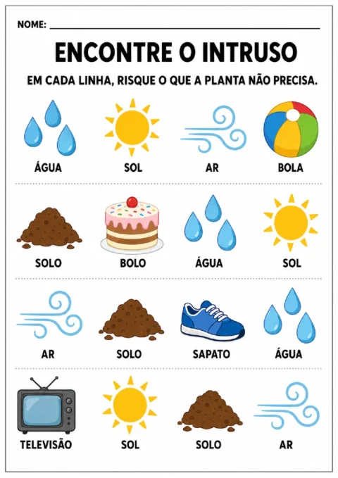 Atividade para riscar, em cada linha, o item de que a planta não precisa para viver