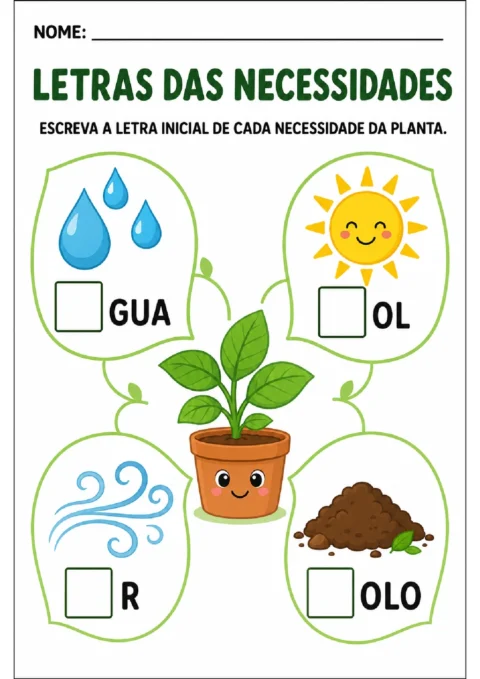 Atividade para escrever as letras iniciais de água, sol, ar e solo como necessidades da planta