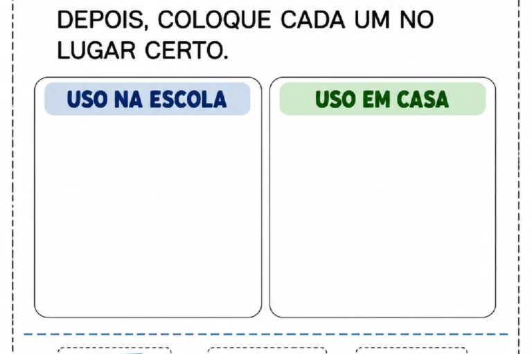 Atividade para classificar caderno, toalha, lápis, sabonete, escova e lápis de cor entre escola e casa.