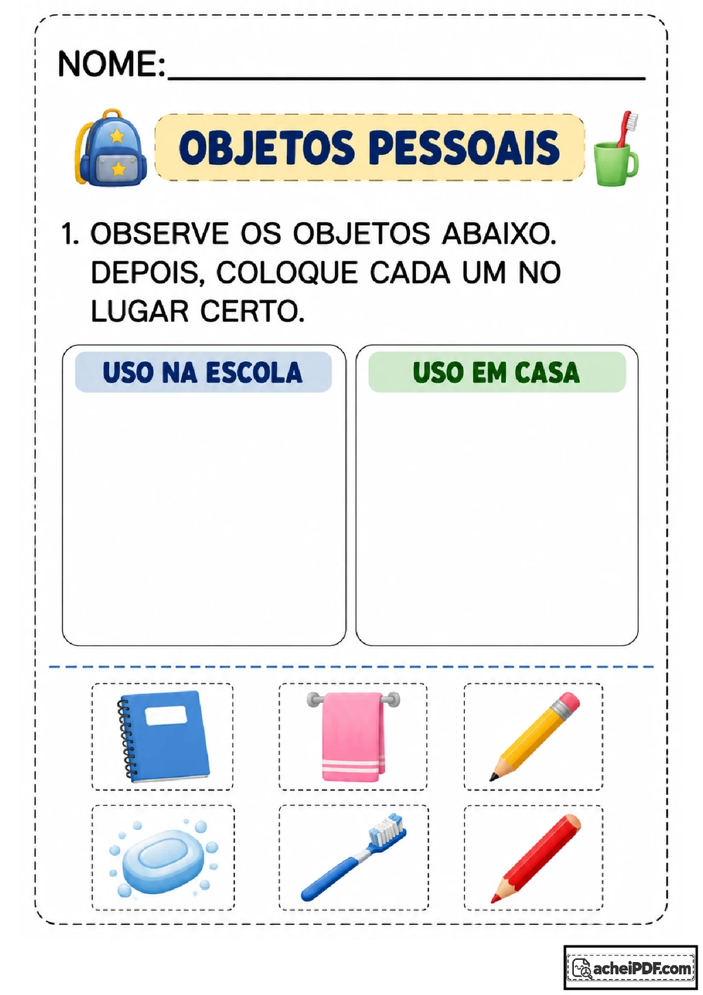 Atividades sobre objetos pessoais para Educação Infantil