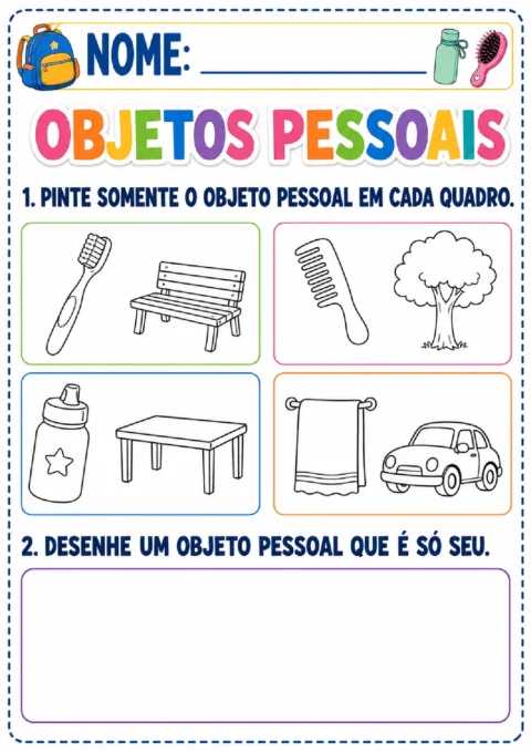 Atividade sobre objetos pessoais para pintar itens em pares e desenhar um objeto que seja seu.