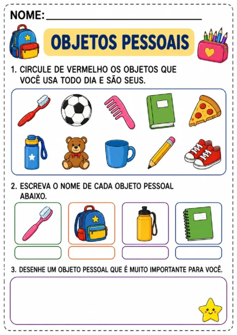 Atividade sobre objetos pessoais para circular itens de uso pessoal, escrever seus nomes e desenhar algo importante.