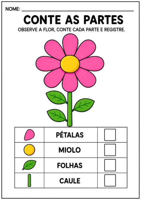 Atividade para contar as pétalas, o miolo, as folhas e o caule de uma flor e registrar os números.
