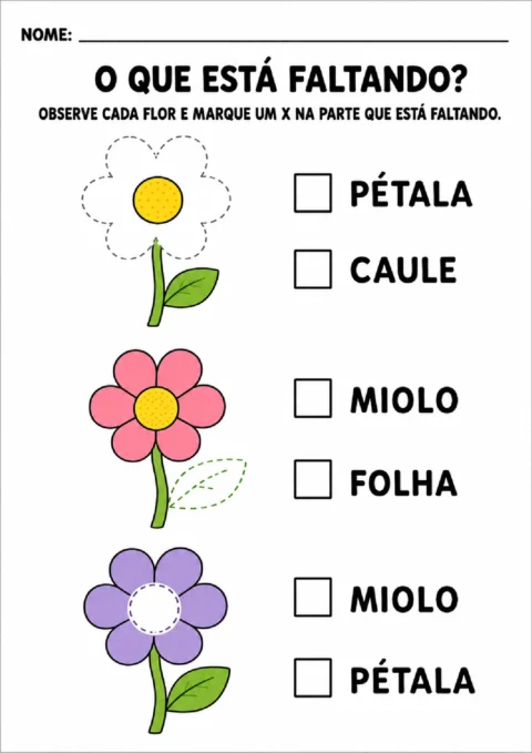Atividade para observar flores incompletas e marcar com X a parte que está faltando.