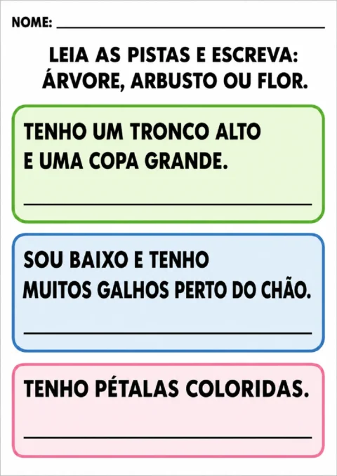 Atividade com pistas para escrever árvore, arbusto ou flor em três campos de resposta.