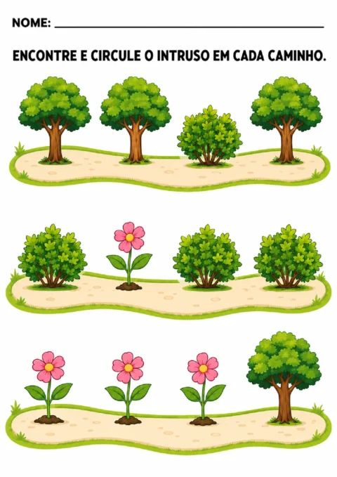 Atividade para encontrar e circular a planta intrusa em cada sequência com árvores, arbustos e flores.