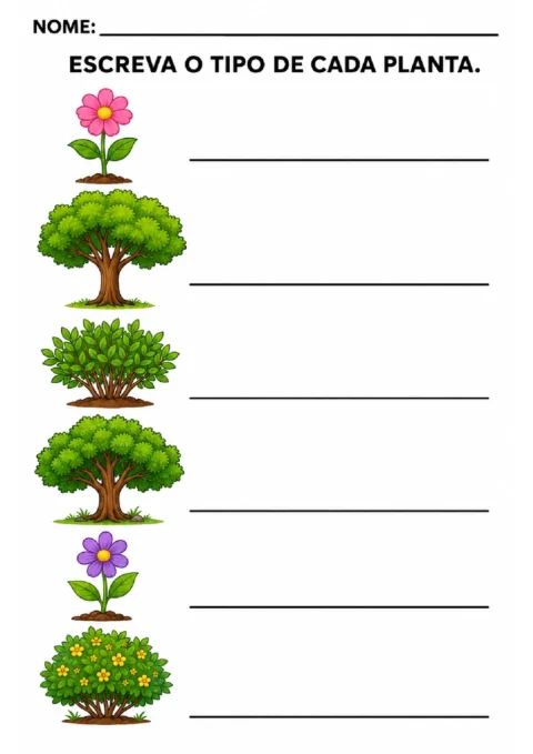 Atividade para escrever o tipo de cada planta ao lado de flores, árvores e arbustos.