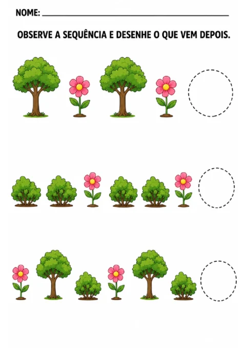 Atividade para observar sequências de árvores, arbustos e flores e desenhar o próximo elemento.
