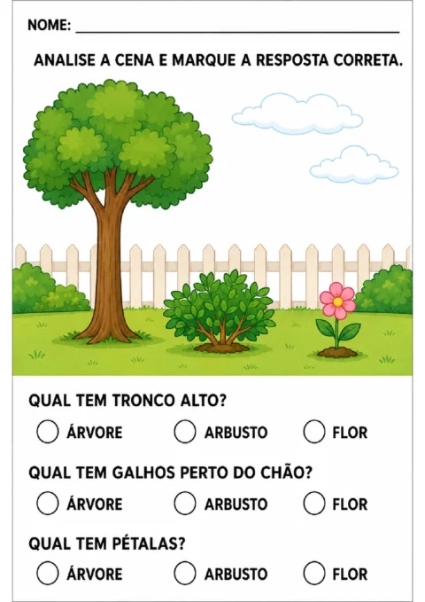 Atividade sobre árvores, arbustos e flores para marcar as características observadas na cena.