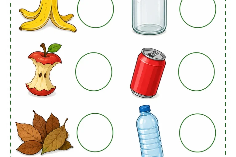 Atividade para marcar resíduos orgânicos com um círculo e recicláveis com um X