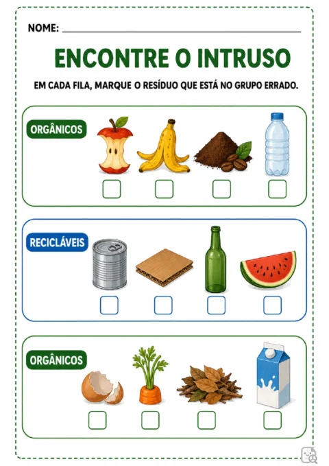 Atividade para identificar o item intruso em grupos de resíduos orgânicos e recicláveis