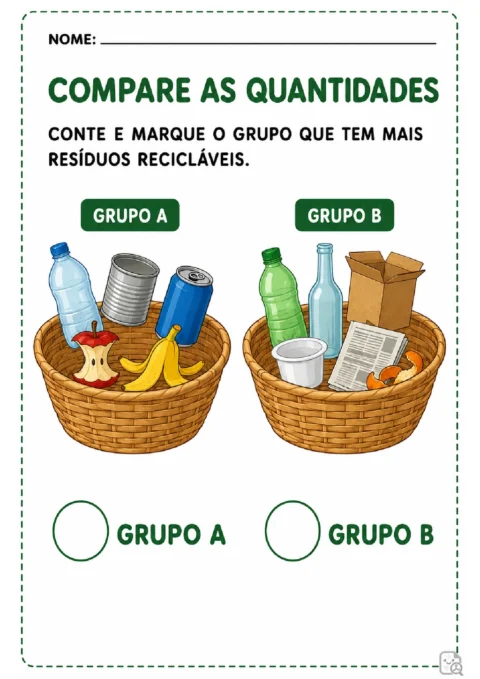 Atividade para contar resíduos recicláveis e marcar o cesto com a maior quantidade