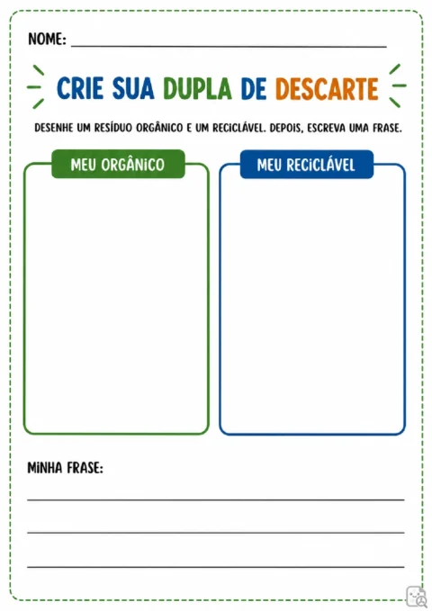 Atividade para desenhar um resíduo orgânico e um reciclável em quadros separados e escrever uma frase