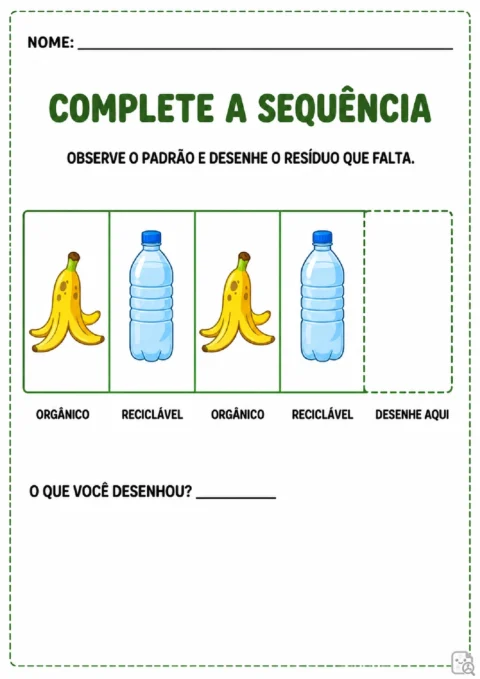 Atividade de sequência alternada com casca de banana e garrafa plástica para desenhar o resíduo que falta