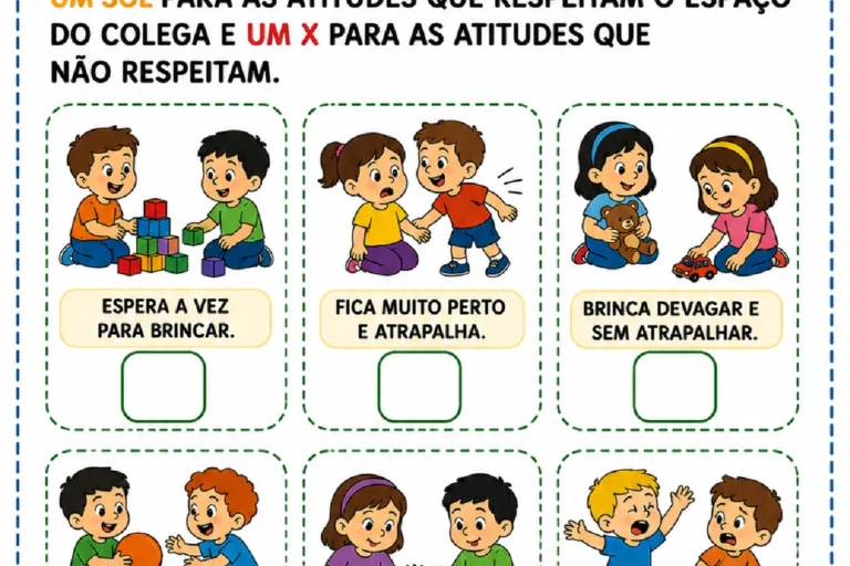 Atividade sobre respeito ao espaço do colega para desenhar um sol ou X em seis situações