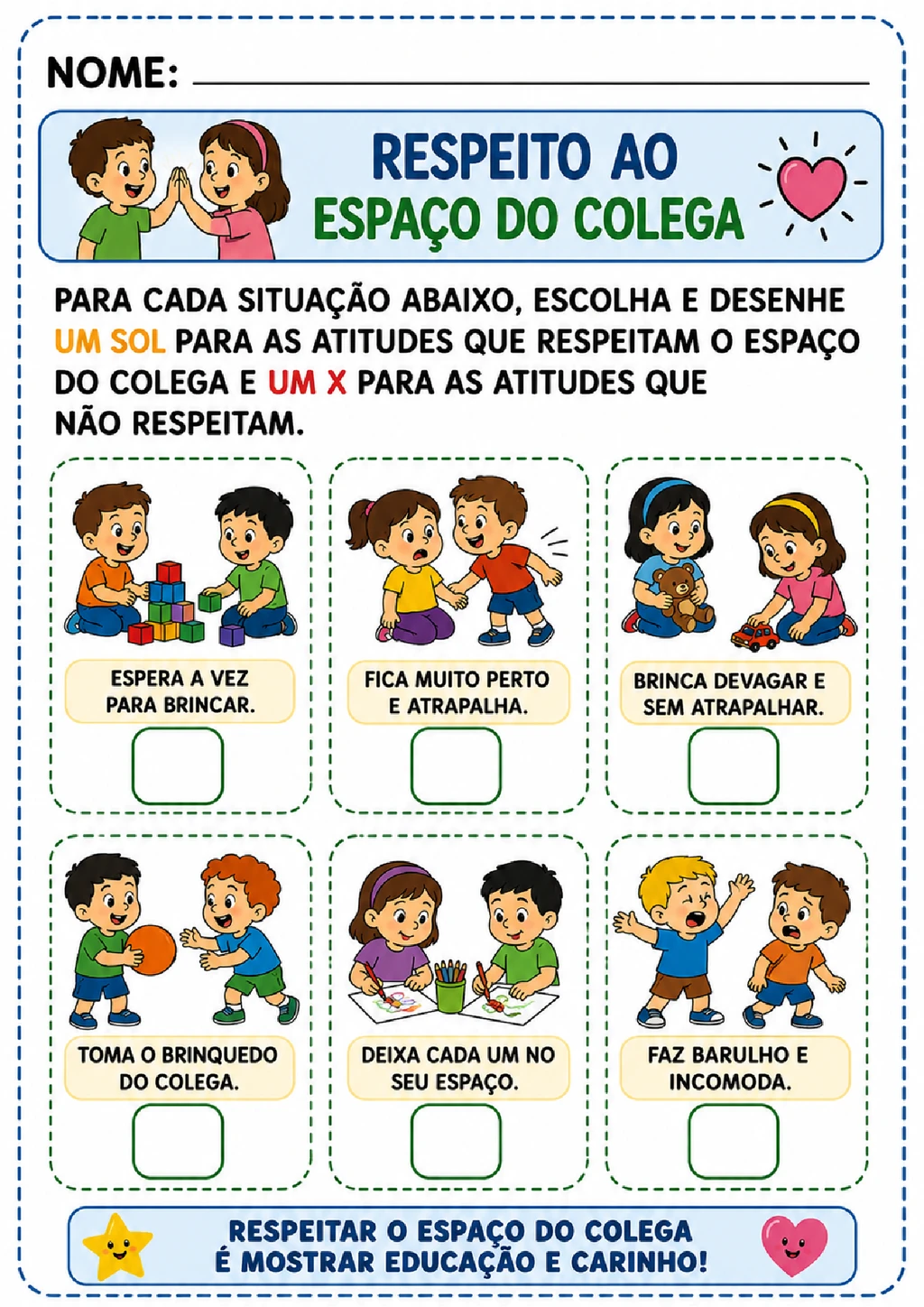Atividades sobre respeito ao espaço do colega