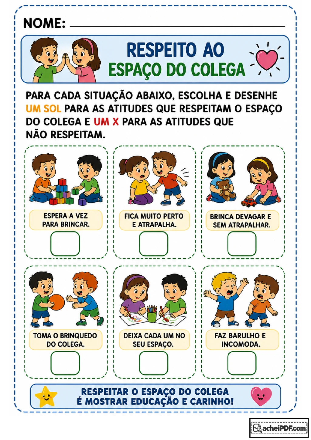 Atividades sobre respeito ao espaço do colega
