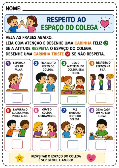 Atividade para desenhar uma carinha feliz ou triste conforme frases sobre respeito ao colega