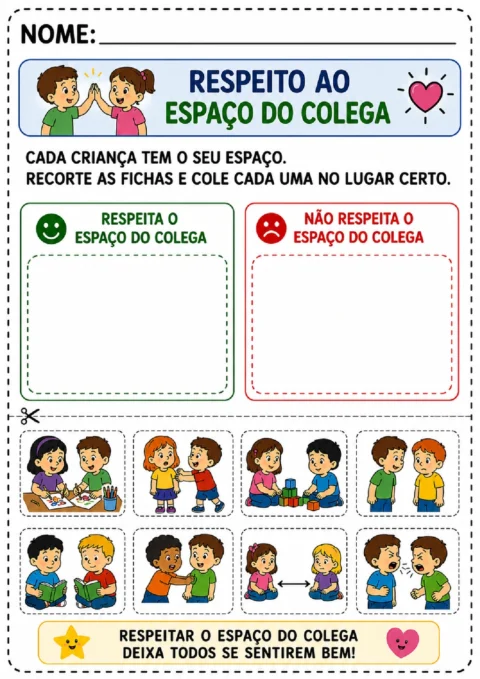 Atividade para recortar e colar cenas de respeito ao espaço do colega em dois quadros