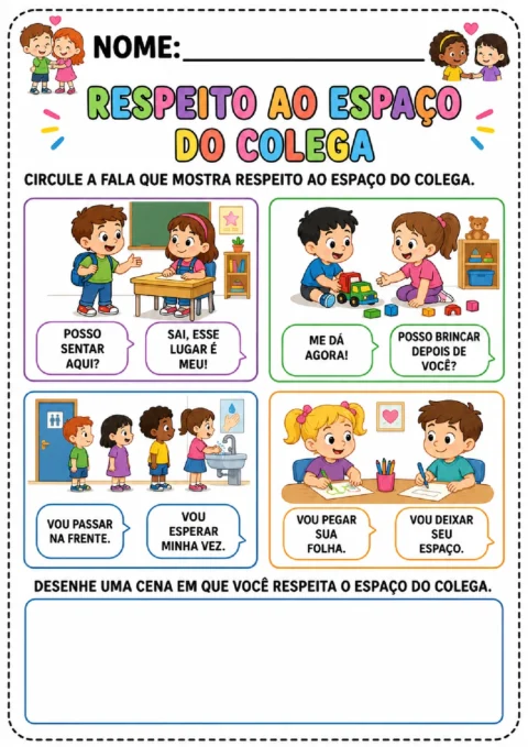 Atividade para circular falas que respeitam o espaço do colega e desenhar uma cena de respeito