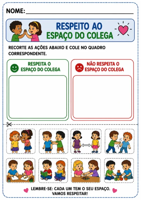 Atividade para recortar ações e colar nos quadros de respeito ou desrespeito ao espaço do colega