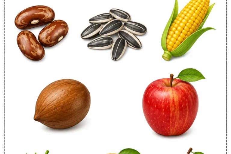 Atividade para circular apenas as sementes entre frutas, milho, castanhas e sementes de girassol.