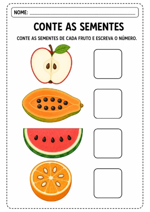 Atividade para contar as sementes de maçã, mamão, melancia e laranja e escrever os números.