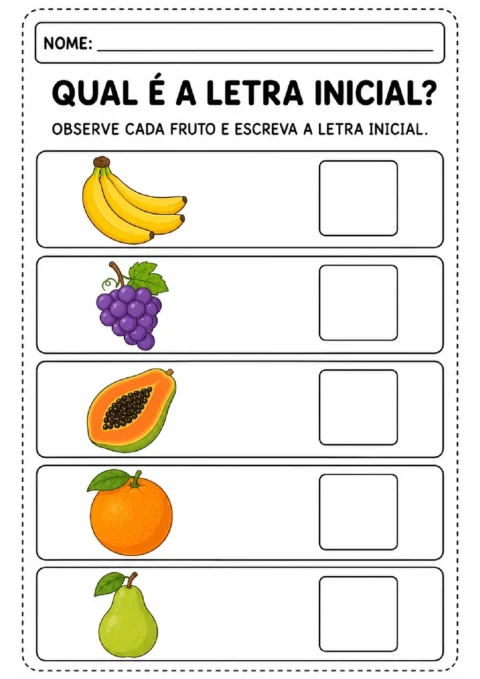 Atividade para identificar e escrever a letra inicial de banana, uva, mamão, laranja e pera.
