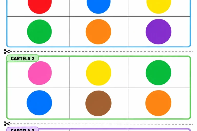 Bingo das cores com as cartelas 1, 2 e 3, cada uma com seis círculos coloridos para cobrir