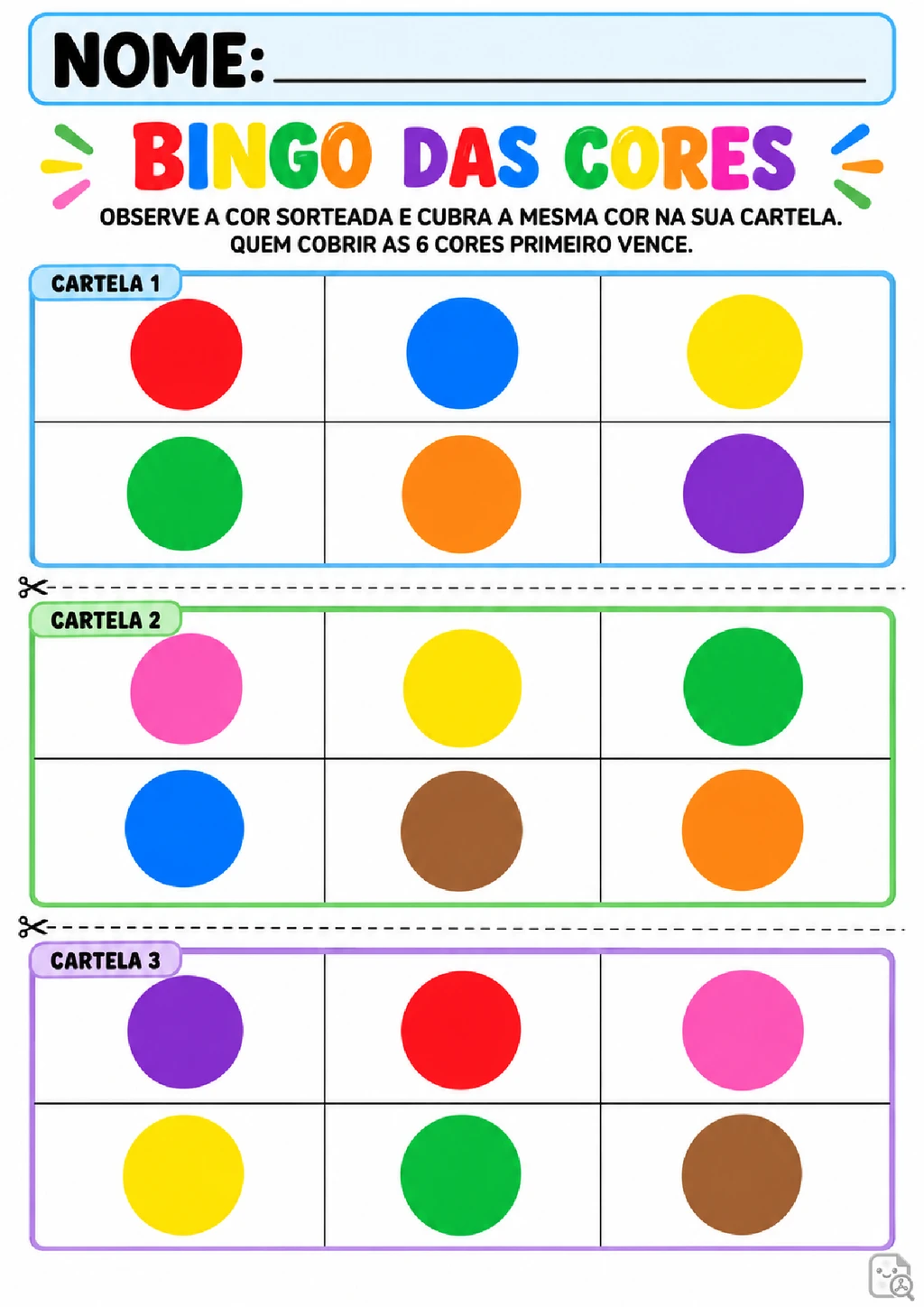 Bingo das Cores para Pré II com 15 Cartelas Diferentes