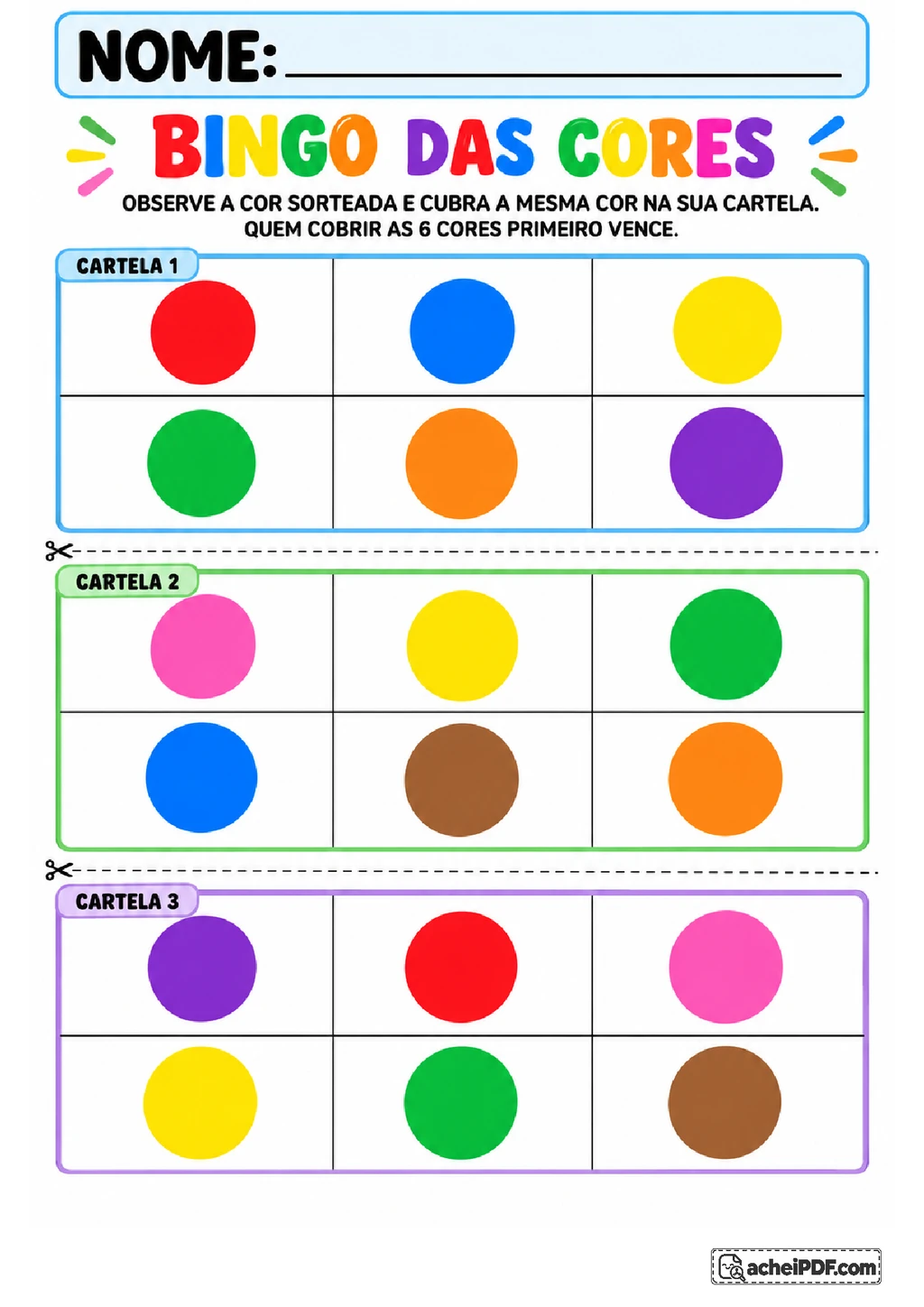 Bingo das Cores para Pré II com 15 Cartelas Diferentes