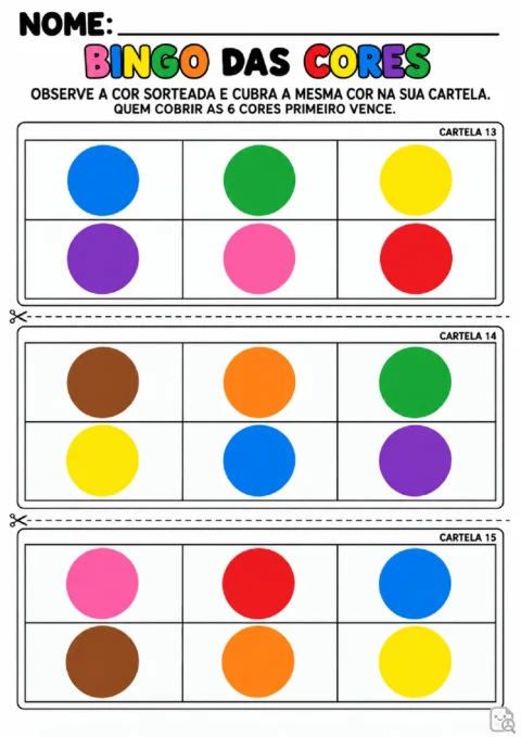 Cartelas 13, 14 e 15 do bingo das cores com círculos coloridos para marcar as cores sorteadas