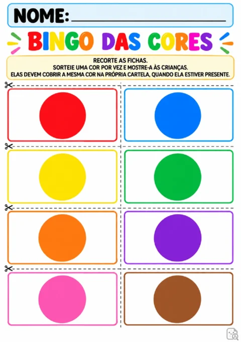 Cartas coloridas para sorteio no bingo das cores, com oito círculos em molduras destacadas para recortar