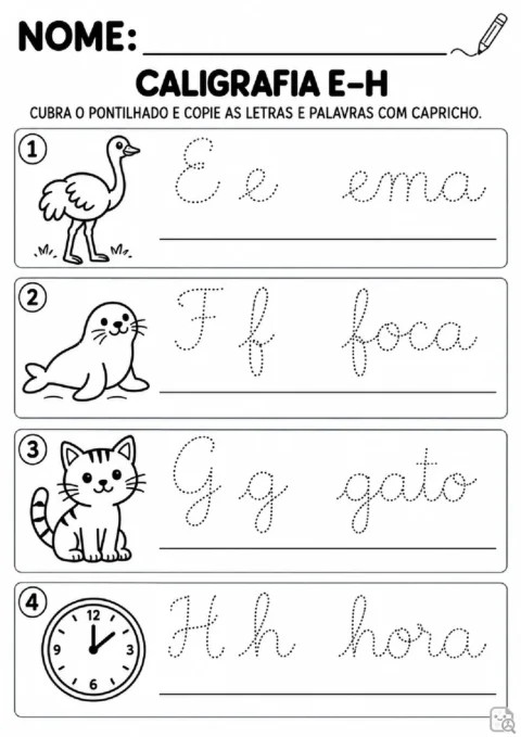 Caligrafia alfabética E–H. cobrir o pontilhado e copiar. Bloco E: E e e, palavra ema. Bloco F: F e f, palavra foca. Bloco G: G e g, palavra gato.