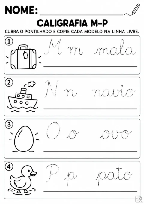 Caligrafia alfabética M–P. cobrir e copiar. M m com mala; N n com navio; O o com ovo; P p com pato. Cada conjunto contém modelo cursivo pontilhado da.