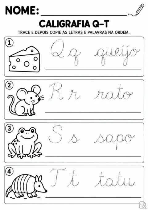 Caligrafia alfabética Q–T. traçar e copiar. Q q com queijo; R r com rato; S s com sapo; T t com tatu. Cada bloco apresenta letra e palavra pontilhadas.