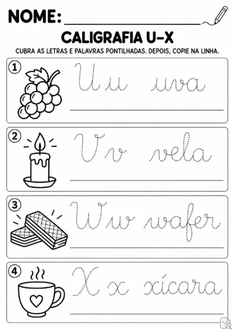 Caligrafia alfabética U–X. traçar e escrever. U u com uva; V v com vela; W w com wafer; X x com xícara. Cada bloco contém letra e palavra em.