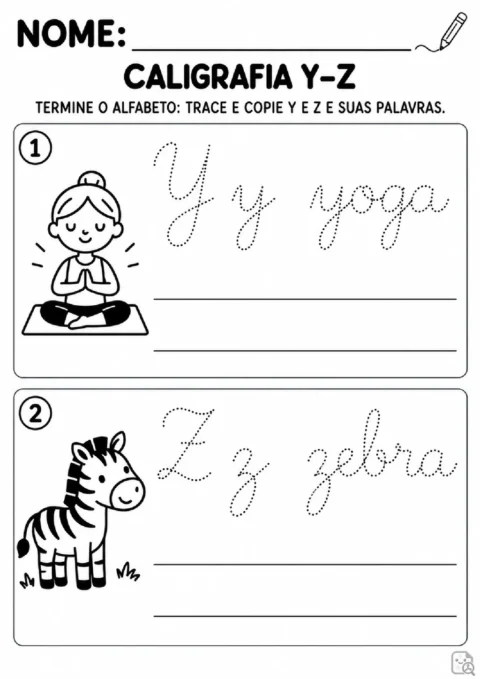 Caligrafia alfabética Y–Z. traçar e copiar. Bloco Y: Y e y, palavra yoga, com modelo pontilhado e duas linhas livres de cópia. Bloco Z: Z e z, palavra.