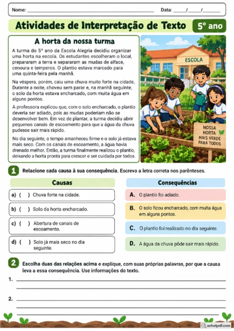 Atividade de causa e consequência com texto sobre organização de uma horta escolar
