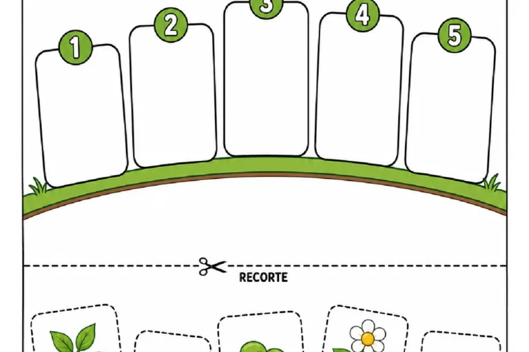 Atividade para recortar e colar as cinco fases do crescimento de uma planta na ordem correta.