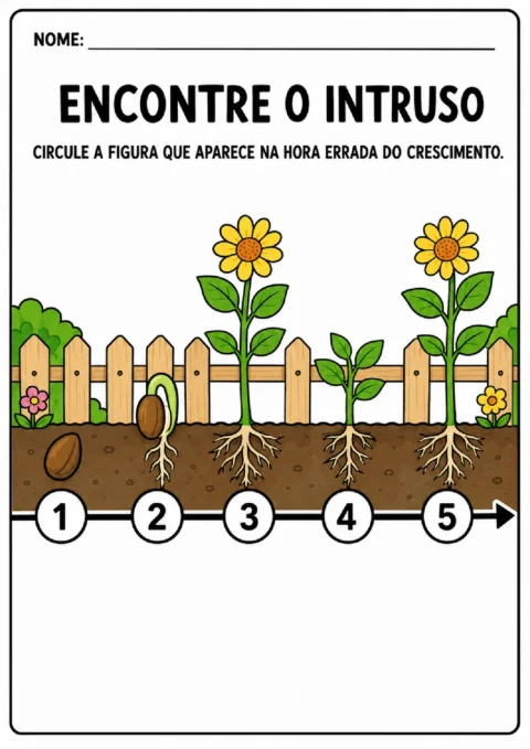 Atividade para circular a fase que está fora de ordem na sequência do crescimento de uma planta.