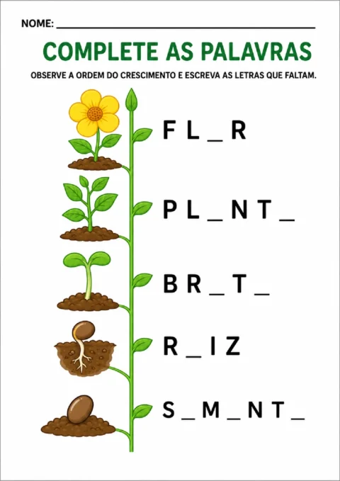 Atividade para completar os nomes das fases do crescimento de uma planta com letras faltantes.