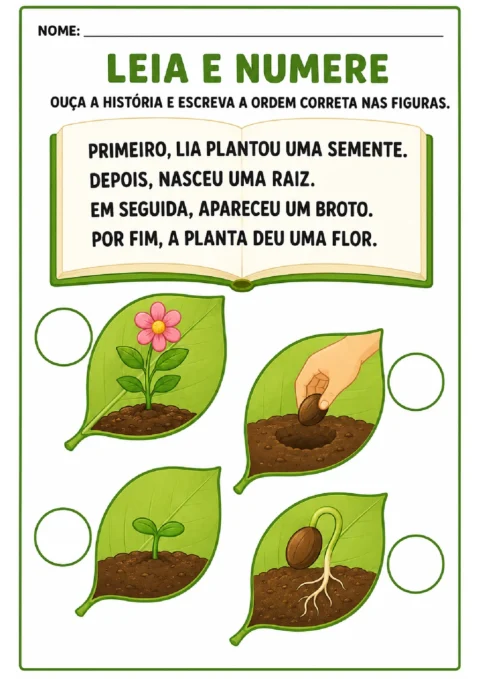 Atividade para numerar as ilustrações conforme a sequência de plantio, raiz, broto e flor.