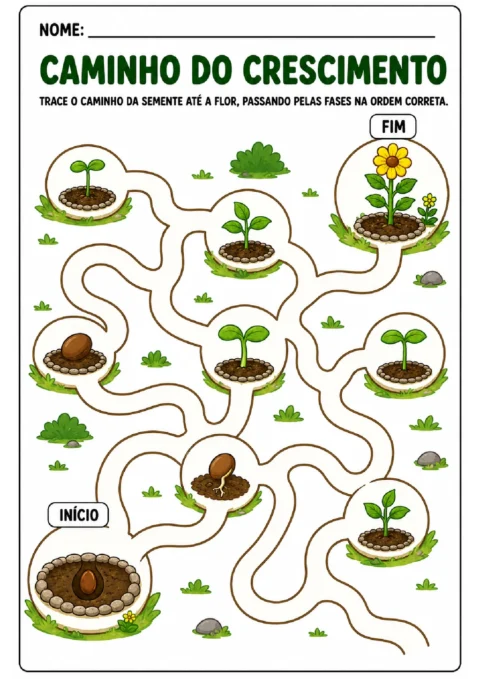 Labirinto do crescimento de uma planta para traçar o caminho da semente até a flor na ordem correta.