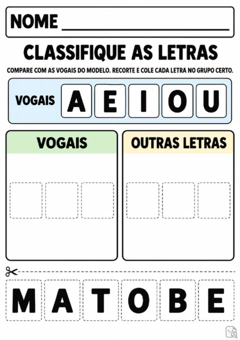 Atividade para Pré I de classificação visual de vogais e outras letras com cartões para recortar e colar