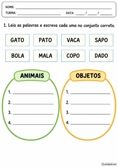 Atividade de Português para o 1º ano com classificação de palavras nos grupos animais e objetos