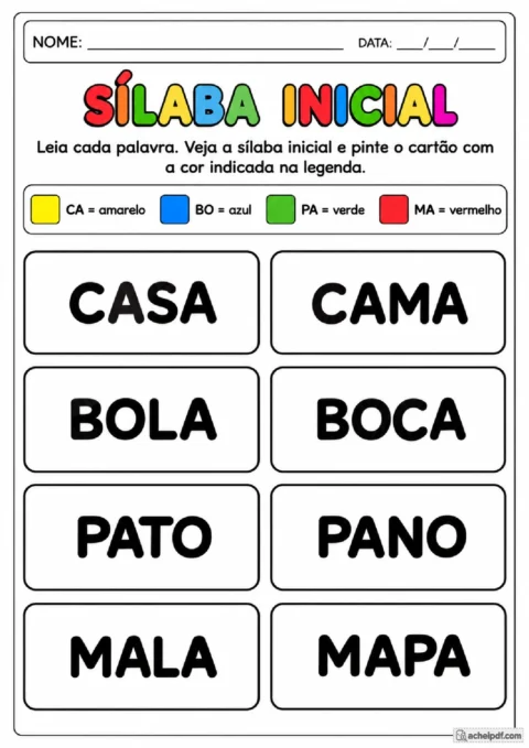 Atividade de Português para o 1º ano com código de cores baseado na sílaba inicial das palavras