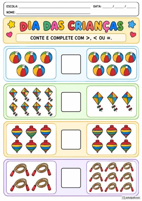 Comparação de coleções de brinquedos para completar com os sinais maior, menor ou igual.