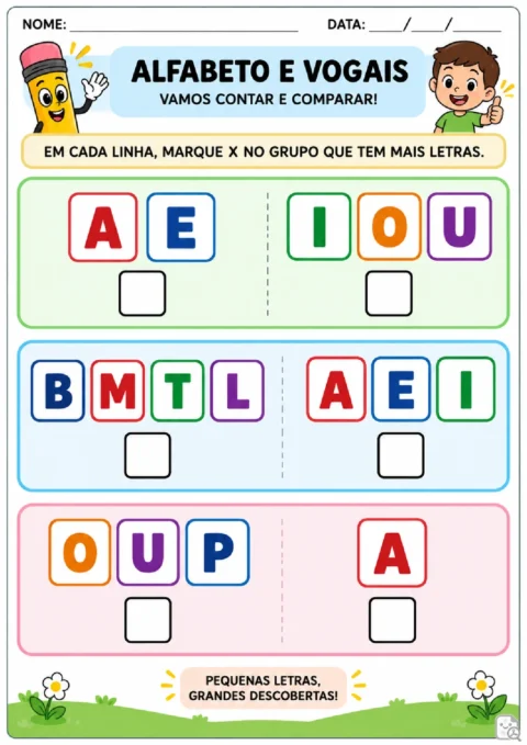 Atividade para Pré I de comparação de quantidades em pares de grupos formados por cartões de letras