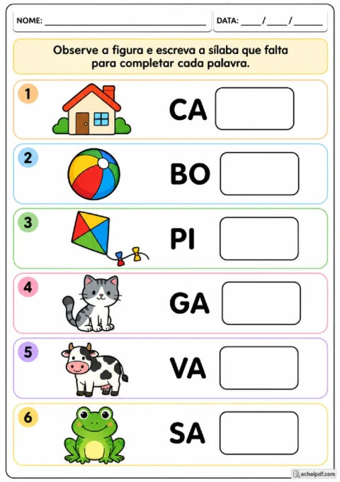 Atividade para o 1º ano de completar palavras simples com a sílaba que falta usando apoio de figuras